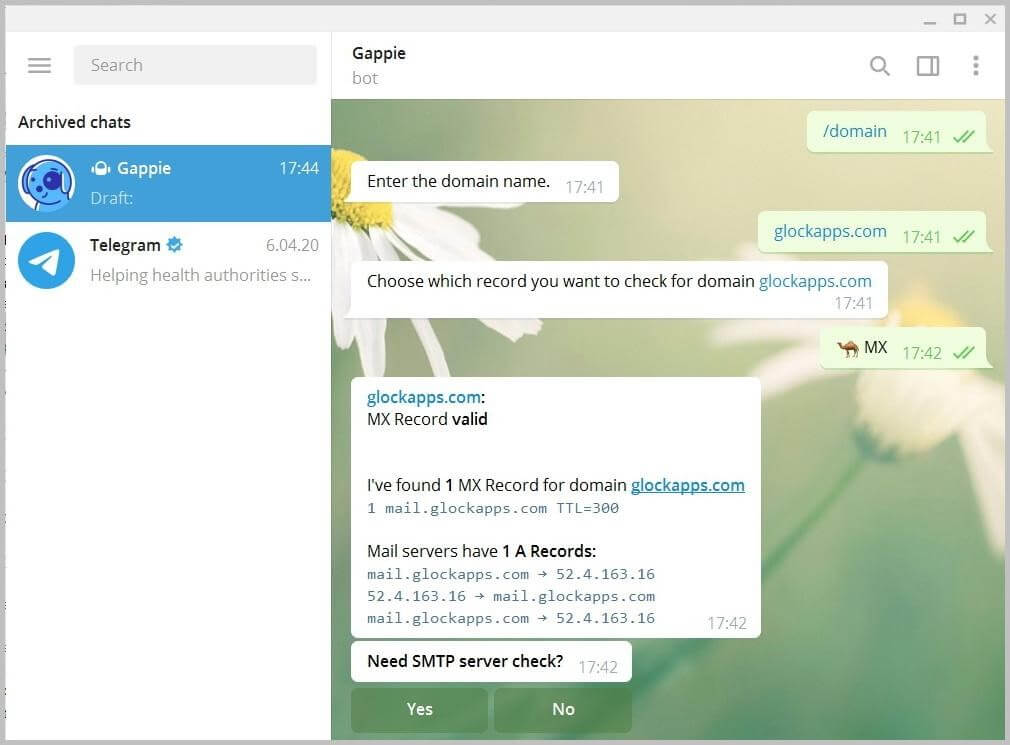 MX check in Telegram