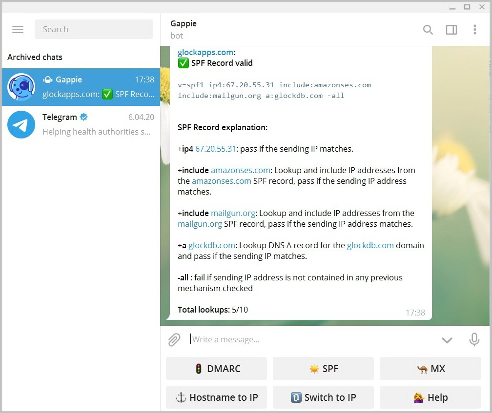 SPF check in Telegram