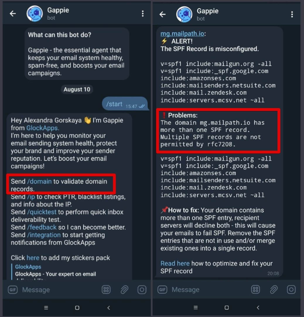 Screenshot of an SPF record check through GlockApps Gappie bot