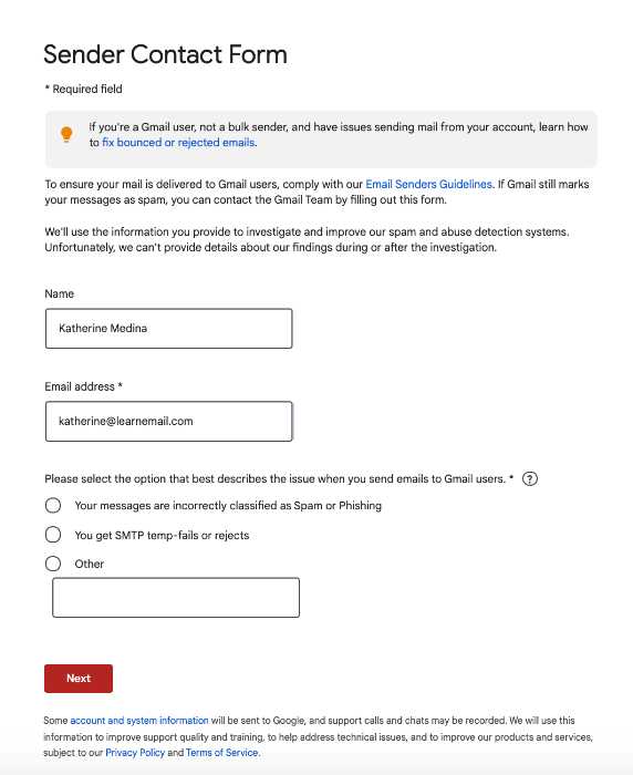remove from Gmail's Blacklist: Gmail's Sender Contact Form