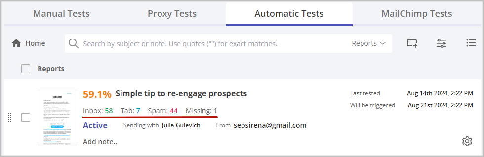 GlockApps Inbox Insight: automatic test report