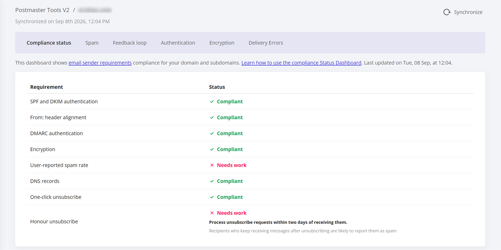 GlockApps Postmaster Tools V2: Compliance Status