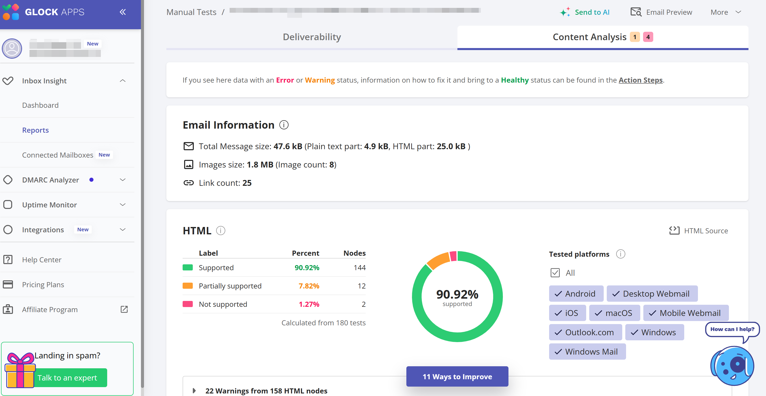 GlockApps Content Analysis: Email Information and HTML Check